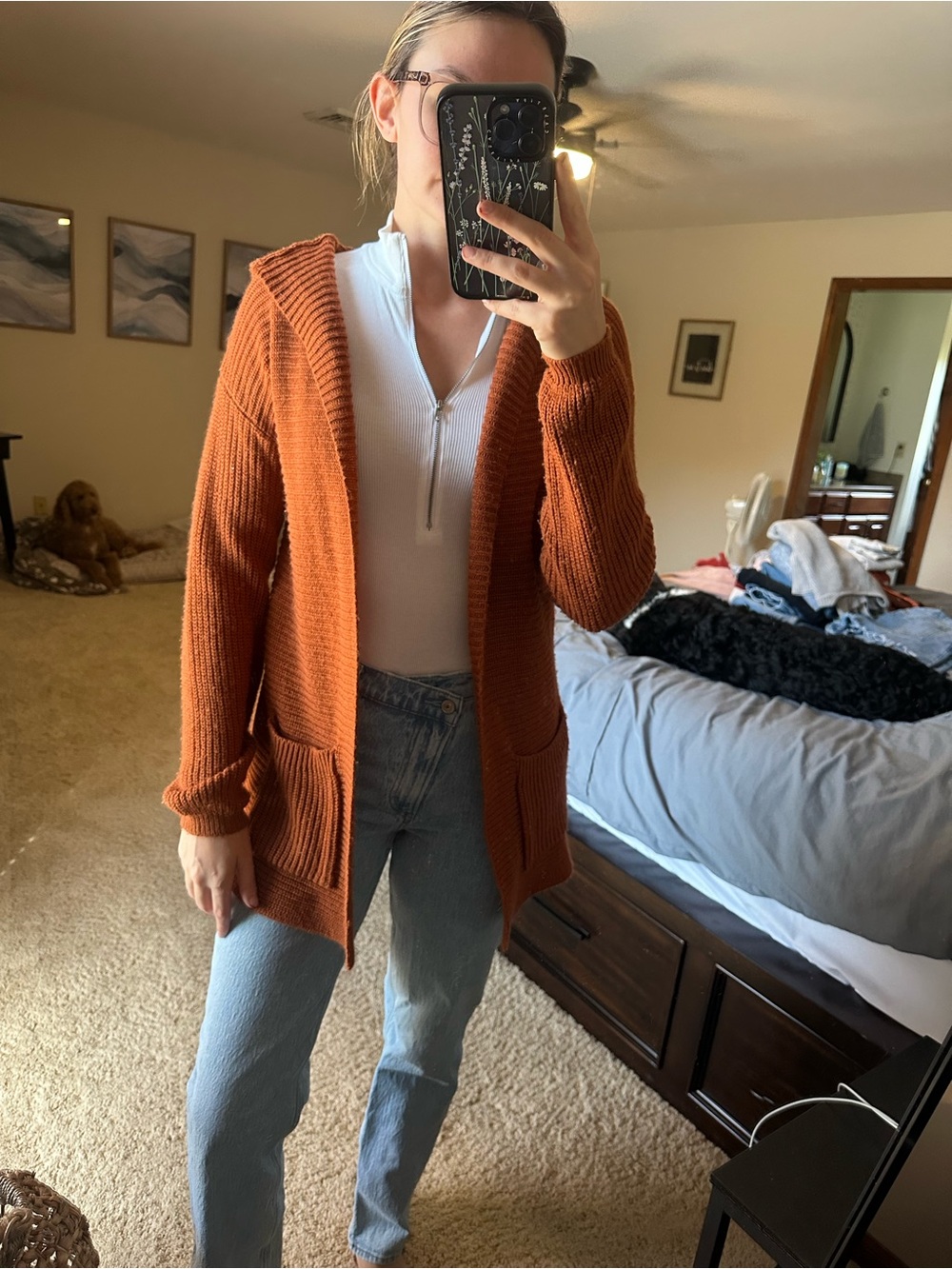 Cozy hooded knit cardigan in burnt orange